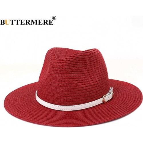 BUTTERMERE Panama Hat Straw Men Women Hat Red Light Blue Yellow Purple Caramel Summer Hat Belt Decorate Sunhat Chapeau Sombrero