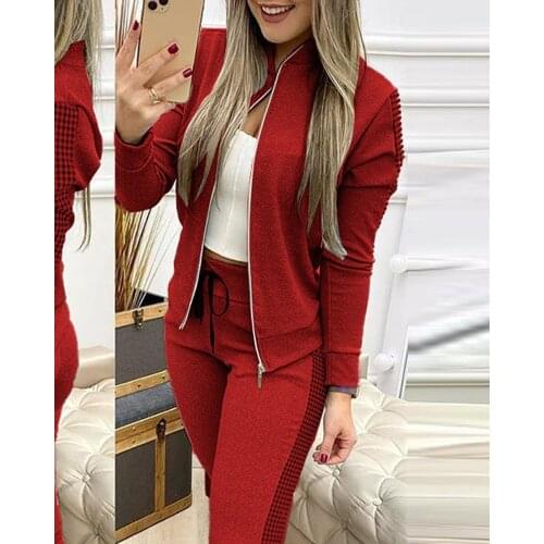 Sports Jogging Suit Outfits Women Tracksuit Autumn Clothes Plaid Patchwork Hoodies Sweatshirt Crop Top and Pants Two Piece Set