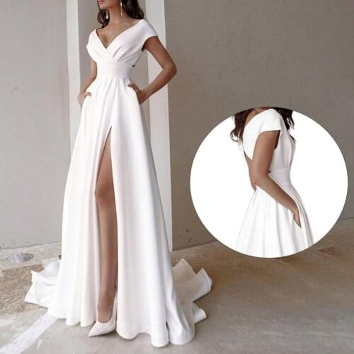 V-neck Party Dress White High Waist Side Split Floor-Length Dress With Pockets for Banquet