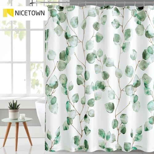 Green Leaves Waterproof Screen Pictures Bath Curtain Polyester Fabric Washable Shower Curtains Bathroom Decorations Free Hooks