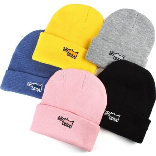 Korean Style Cartoon Dog Embroidered Knitted Wool Hat Men Women Beanie 10pcs/lot Wholesale