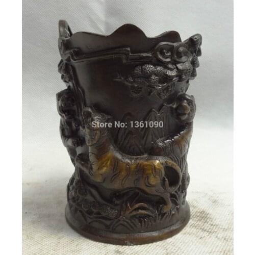 Xd 00744 Chinese Bronze Carved 5 Tiger Head Statue Pine Tree Pencil Vase Brush Barrel Pot