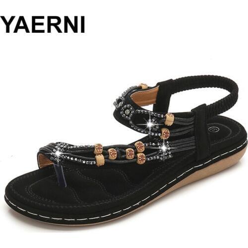 YAERNIBohemia Women Ladies Fashion Crystal Bead Flat Slipper Sandals Casual Shoe Summer Gladiator Roman Shoes Flat ShoesE1166