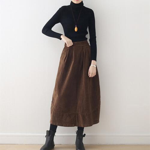 Free Shipping 2019 New Fashion Long Mid-calf A-line Skirts For Women Elastic Waist Autumn Corduroy Skirt Winter Black And Brown