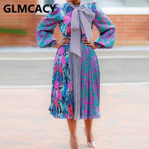 Women Long Sleeve Floral Printed Patchwork Midi Dress Elegant Evening Party Pleated Dresses