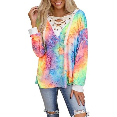 Women Tops Casual Lace Up Cross Strap V-Neck Tie Dye Print Loose T-Shirt Pullover Top 2021 Womens Clothing