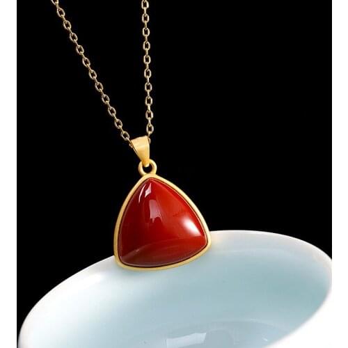 S925 Sterling Silver Gold-Plated Womens All-match Red Agate Necklace