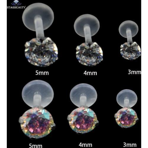 1Pc AB & White Gem BioplastPush Fit Top 16g Ear Tragus Cartilage Piercing Labret Flexible Monroe Labret Lip Bar Ring Earring