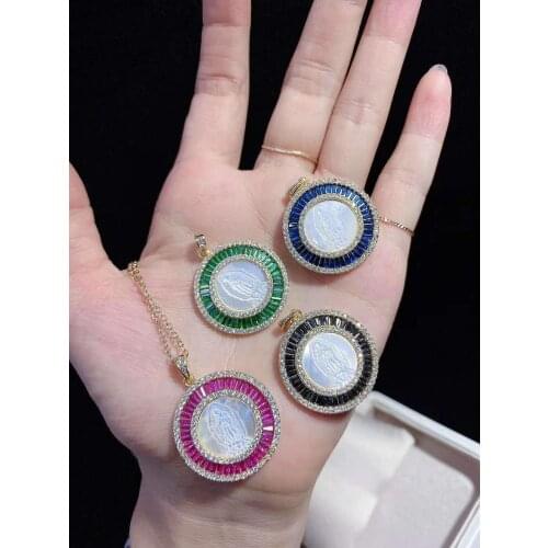 White Shell Virgin Mary cubic zirconia Pave coin Pendant chain necklace 17.5"