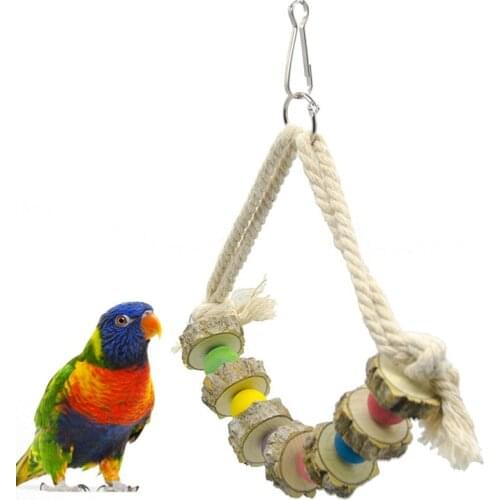Wood Bird Swing Toy Cotton Rope Bead Design Parrot Swing Perch Bird Cage Toy Parrot Wood Chew Toy Cage Decor Product