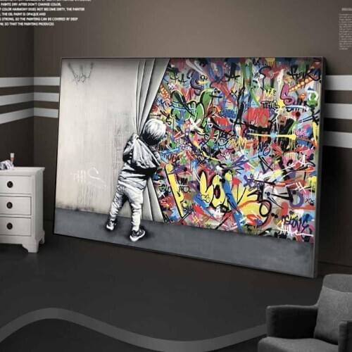 Kids Lover Behind The Curtain Graffiti Art Painitngs on the Wall Art Posters and Prints Modern Street Art Pictures Home Decor