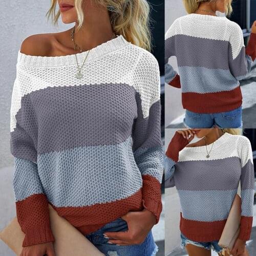Ele-Choices Women Casual Striped Color Block Knit Sweater Long Sleeve Loose Pullover Jumper