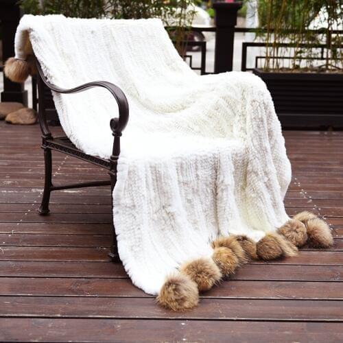CX-D-108 Decorative Sofa Blanket Throws Rex Rabbit Fur Knit Throw With Racoon Fur