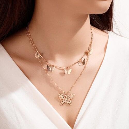 HOT SALES！！！New Arrival Women 2-Layer Butterfly Pendant Choker Clavicle Chain Necklace Jewelry Gift Wholesale Dropshipping