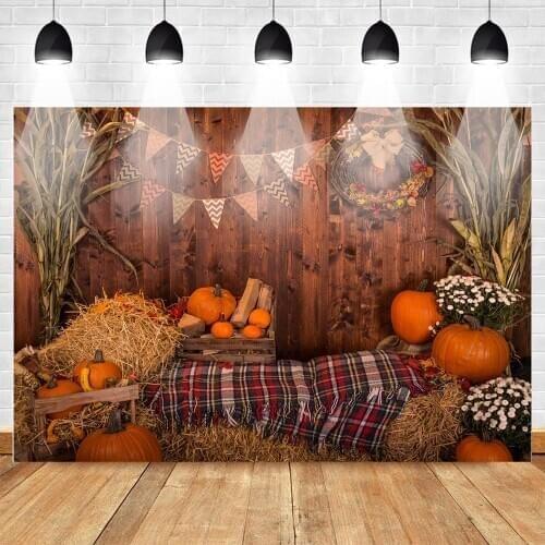 Mehofoto Autumn Rural Farm Pumpkins Backdrop Wood Floor Haystack Corn Flowers Background Children Birthday Halloween Photography