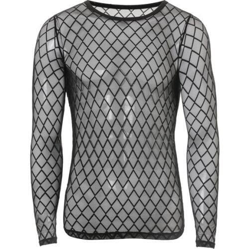 Men Undershirts Set Long Sleeves Sexy Mesh Transparent Tops Fishnet Shirts Underwear Gay Bottoming Undershirts High Quality