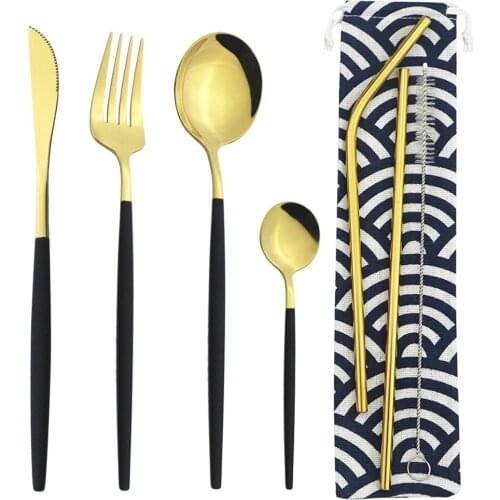 8pcs Black Gold Dinnerware Cutlery Set Stainless Steel Tableware Set Knife Fork Coffee Tea Spoon Flatware Kitchen Tableware Set