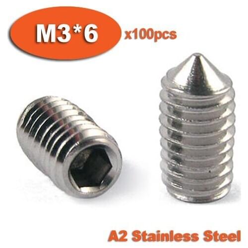 100pcs DIN914 M3 x 6 A2 Stainless Steel Screw Cone Point Hexagon Hex Socket Set Screws