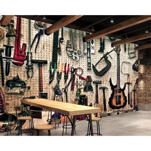 Beibehang Wallpaper custom 3D stereo retro nostalgic metal art personality guitar rock bar photo decorative mural wallpaper
