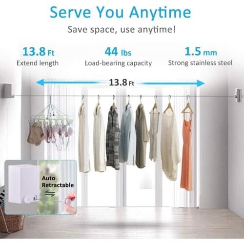 Retractable Clothesline Stainless Steel Strings Drying Space Adjustable Clothing Rope Wall Mounted for Indoor Outdoor