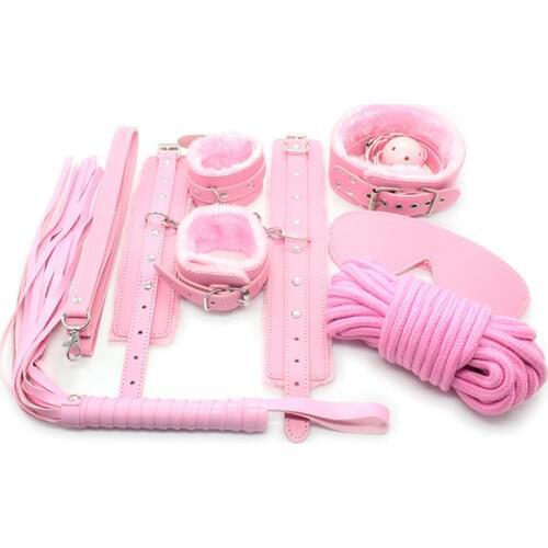 Pink Adult Game 7 PCS/Set PU Leather Handcuffs Whip Gag Collar Erotic Toy for Couple Fetish Bondage Restraint Sex Toy for Women