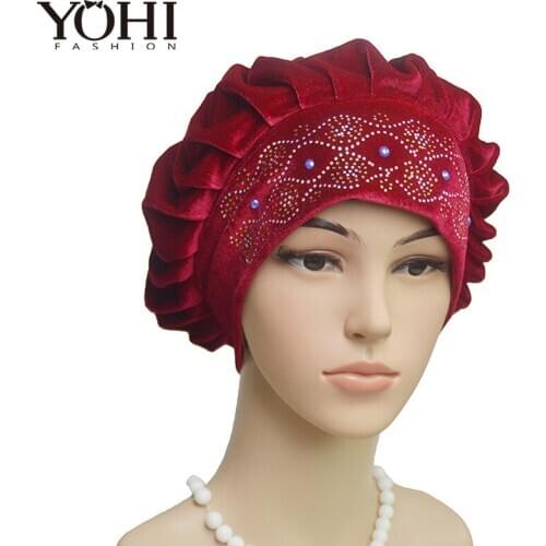 2018 New Fashion Velvet Soft women turban muslim crystal diamond caps Solid heaband hat for ladies hat