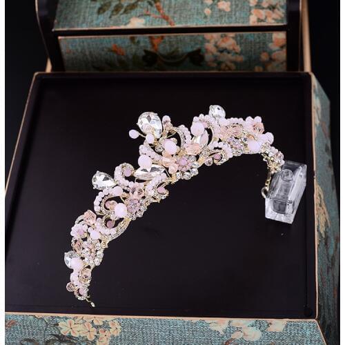 Baroque handmade pink crystal bridal crown vintage wedding hair accessories rhinestone tiaras crystal gold pearl prom tiara