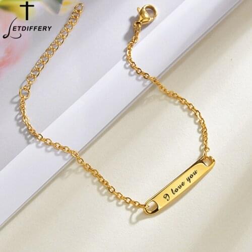 Letdiffery Womens Personalize Custom Name Bracelets Gold color Stainless Steel Bar Link Chain Anniversary Party Jewelry Gifts
