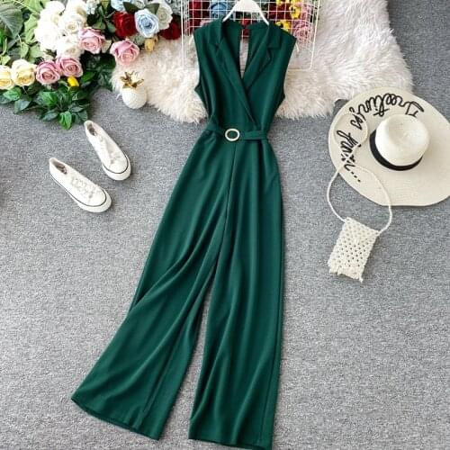 FTLZZ New Beach Ruffles Jumpsuits V Neck Rompers Summer Full Length Jumpsuit Casual Women Elegant Slim Playsuit Tie Romper