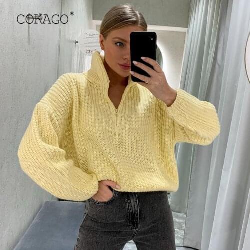COKAGO Autumn Winter Thick Warm Jumper Women Sweater Cowl Collar Zipper Knitted Sweaters Oversized Winter Turtleneck Pullover