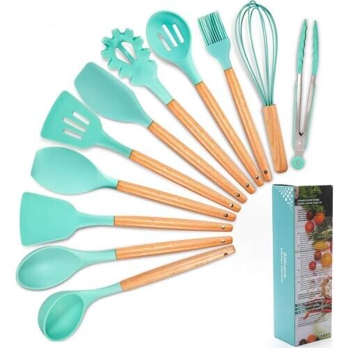 11PCS Silicone Utensils Spatulas Silicone Heat Resistant Wooden Spoons Utensils Non-Stick With Wooden Handles BPA Free