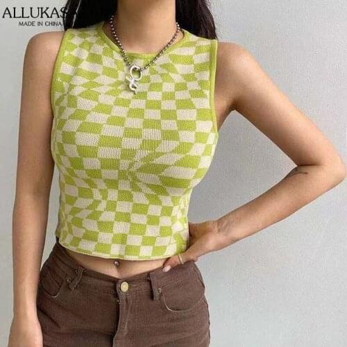 2021 Plaid Knit Vest Ladies Summer Retro Sleeveless Round Neck T-Shirt Casual Knitwear European and American College Style