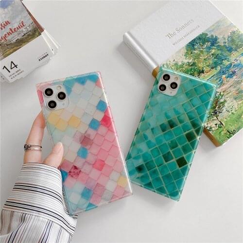 For iPhone 12 11 Pro Max 12 Mini XR XS Max 8 7 Plus Square Right angle Phone Case Colorful Fish Scale Soft IMD Transparent cover
