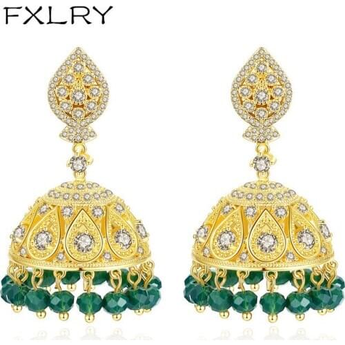 FXLRY Gorgeous Ethnic Style AAA Zircon Tribal Bell Earrings with Dark Green Breads Drop Earrings for Women Wedding Bridal Jewelr