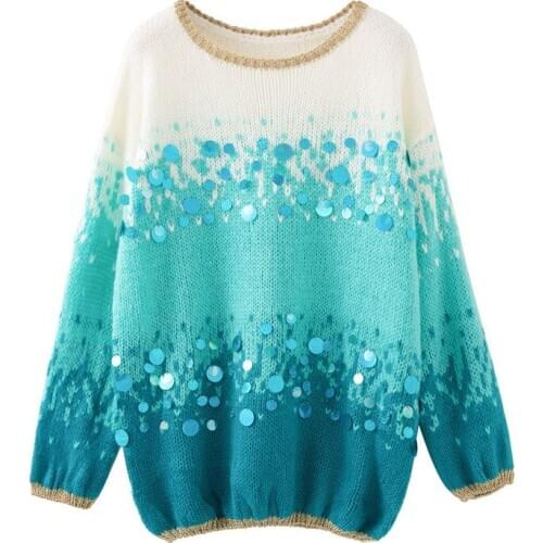 Gradient Loose Mid-Length Womens Sweater New Lantern Sleeve Sequin Sweater Top
