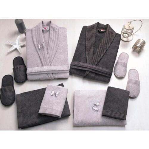 Cotton Box Embroideried 3d Bamboo Bathrobe Set Gray Anthracite