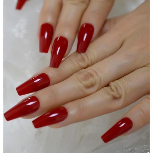 Classical China Red Ballerina Press On Nails Slim Tapered Shape Shiny Glossy Fingernails 24