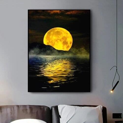 Yellow Red Moon on The Sea Canvas Painting Abstract Modern Print and Poster Wall Art Pictures for Living Room Home Decor Cuadros