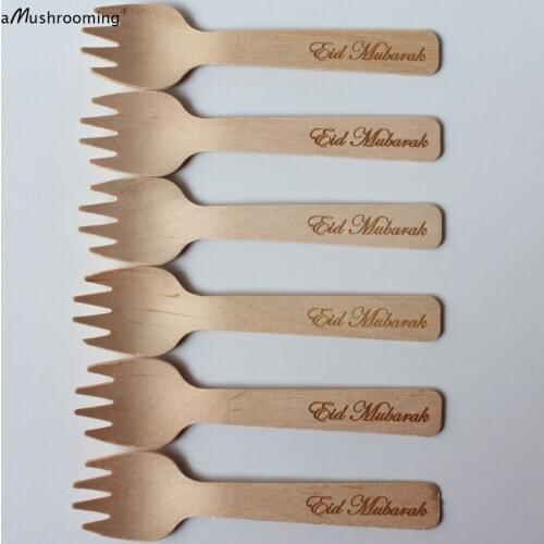 100 Personalized Engrave Eid Mubarak Mini Wooden Spoons Forks Happy Eid Tableware Supplies Ramadan Season Islamic Celebration