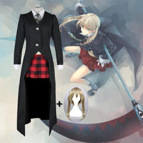 Anime Soul Eater Maka Albarn Cosplay Costume Wig Skirt Trench Tie Shirt Uniform Full Set Halloween Carnival Party Costume
