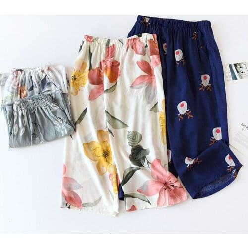 Summer Cool Rayon Cropped Trousers Womens Thin Loose Wide-leg Pants, Flowers Pajamas, Casual Printing Large Size Home Pants