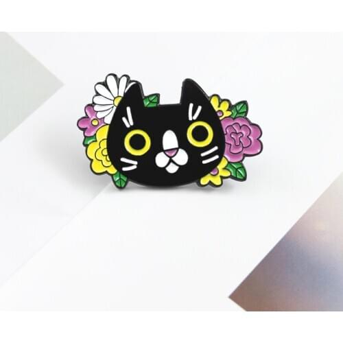 Cartoon black cat cute enamel brooch colorful flower badge cat animal enamel pin child friend blouse lapel fun brooch badge