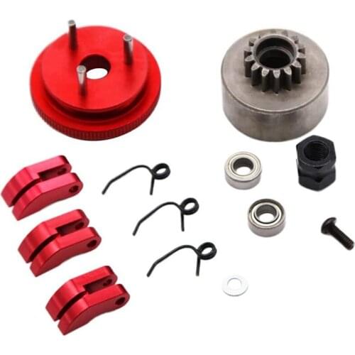 Clutch Bell Shoes Bearing 14T Gear Flywheel Assembly Kit Set For 1/8 RC Car HPI HSP Traxxas Axial (Red Silver)