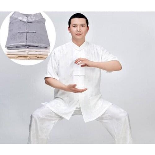 Men Tai Chi Kong Fu Uniform Dragon pattern Taiji Practice Clothing Martial Art Performance Clothes Mandarin Collar Shirt+ Pants