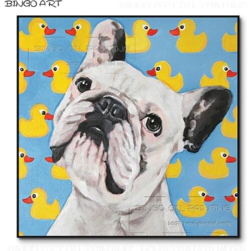 New Arrivals Hand-painted Animals France Bull Dog and Yellow Duck Oil Painting on Canvas Funny Animal Picture Dog Oil Painting