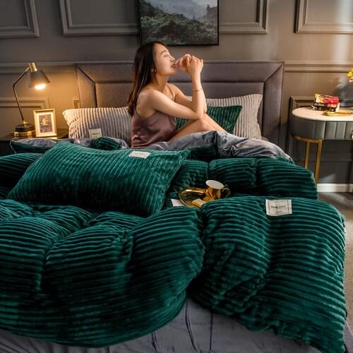 Magic Velvet Quilt Duvet Cover Bedding Set Simple And Luxurious Winter Warmth Thickened Snow Velvet Solid Color Gray Stripes