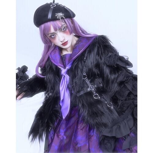 Original Design Gothic Artificial Long Hairy Faux Fur Jacket Solid Black Belt Metal Circle Autumn and Winter Coat