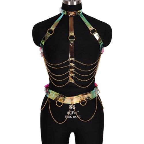 Sexy 2 Pcs Bondage Leather Lingerie Set Goth Women Body Chain Harness Dress Bra Tops Adjust Girdle Club Pub Rave Clothing Fetish