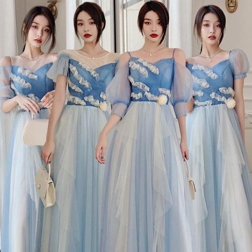 Bridesmaids Dresses A-Line Three Quarter V-Neck Floor-Length Pearls Pleat Lace Tulle Off The Shoulder Wedding Party Gown E430