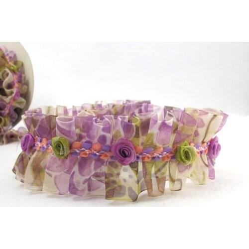 Pleated Trim|w Rococo Flower Trim|1 1/2 Inches Pleated Ombre Printed Chiffon Trim|Organza Chiffon Trim|Retro Handmade Supplies